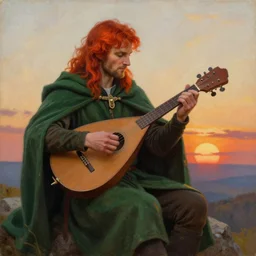 kvothe from name of the wind playing or restringing his lute, serenading the sunset, huntsman, medieval, green cape, fire red hair by Aleksi Briclot, illustrated in oil paints and charcol, award winning