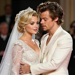 wedding day of blonde girl with harry styles, concept art, trending on artstation, highly detailed, intricate, sharp focus, digital art, 8 k
