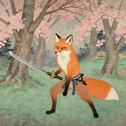 samurai fox with a katana. sakura forest in the background. old japanese painting. fresco