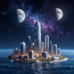 space cities on top of ocean with moon and nebula and stars and space nebula