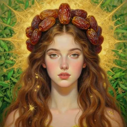 epic painting, full figure portrait of beautiful goddess with with sweet dried dates fruits, medjool dates, dried dates crown,, green tea leaves background, golden glow background, drawing, photography by amy leibowitz, wlop, jeremy lipkin, beeple, intricate golden fractals, brown wavy hair, symmetrical front portrait, artgerm