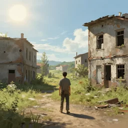 abandoned town, one survivor, photorealistic, sunshine, digital painting