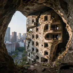 a beautiful hyperdetailed highly detailed city urbex architecture abandoned building cave house by philip johnson, morning sun lightpaint dramatic lighting at night, archdaily, wallpaper, highly detailed, trending on artstation.