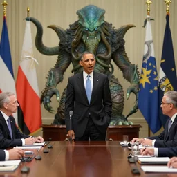 Obama in an important meeting with Cthulhu