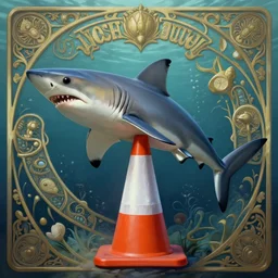 half shark half orange and white traffic cone, full body, underwater background detailed atmospheric - ron cheng & alphonse mucha, highly detailed, digital painting, ray tracing, concept art, illustration, smooth sharp focus, intricate, symmetry, artstation,