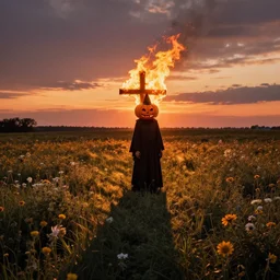 a witch with a pumpkin head burning on a cross at sunset casting shadows across a field of flowers, beksinski, dariusz zawadzki