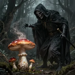 the grim reaper stealing the soul from a humanoid mushroom. Dark fantasy art by Greg rutkowski. Trending on artstation