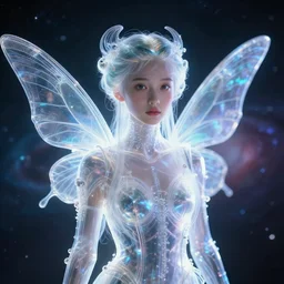the power of light transparent fairy looking at you with a blured snapshot of the universe in the background from'lost in space ( 2 0 1 8 ) ', frontal view, long shot, cinematic light, realistic shaded lighting cyberpunk futuristic, digital art, trending on artstation, highly detailed, fine detail, intricate, masterpiece,