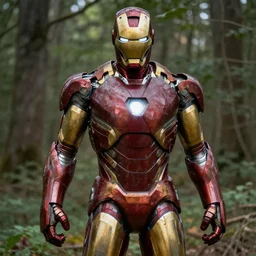 rusty iron man suit in the woods