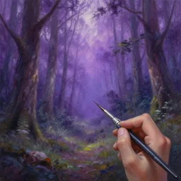 purple futuristic solder on forest landscape, acrilic paint, brush paint, heavenly atmosphere, paint, ultra detailed, beautiful image, resolution, artstation