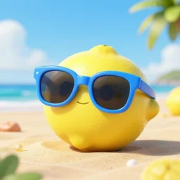 A 3d render of a lemon with blue sunglasses on the beach excited for the launch of Stable Diffusion, 50mm lens