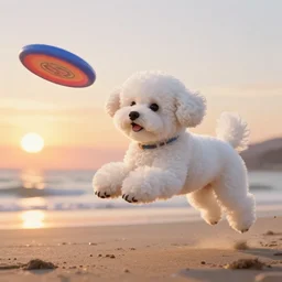 a photorealistic image of a large knitted white bichon puppy diving after a frisbee during sunset at the beach Trending on artstation, featured on Behance, well-rendered, Unreal Engine, 4K HD