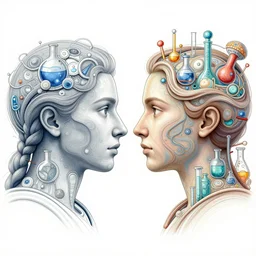 symmetry! portrait of human scientific intelligences meet online face to face, intricate, elegant, highly detailed, concept art, smooth, sharp focus, lineart, illustration, shadows, penned with thin colors on white, 8 k