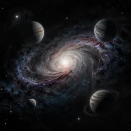 a vast dark galaxy with five planets, intricate, highly detailed, digital painting, concept art, illustration, deep dark, artstation, Profound and vast, black, by Gioele Muscolino