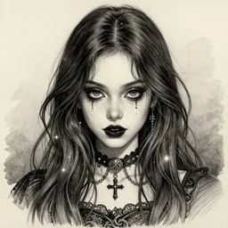 hyper realistic pencil and ink drawing of a cute goth girl, muted water color, full portrait, detailed, rim light, diffused, intricate, by anna dittmann