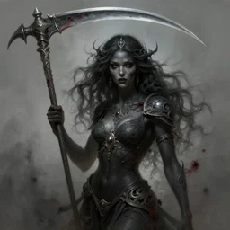 stunning goddess of death portrait, dark skin, scythe, ashes, disease, fantasy, intricate, elegant, highly detailed, digital painting, artstation, concept art, smooth, sharp focus, illustration, art by krenz cushart and artem demura and alphonse mucha and tony sandoval