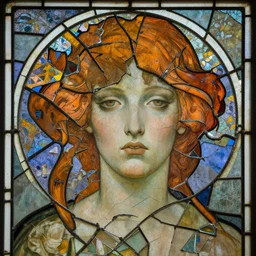 broken fragments of a portrait hidden between stained glass shards, art nouveau painting of a brokenhearted visage.