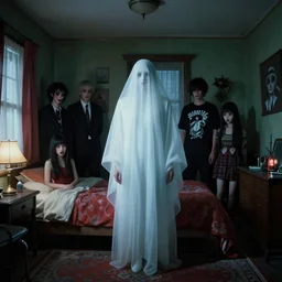 hyperrealistic cinestill of beautiful entity ghost standing in bedroom, 1 9 9 0 interior bedroom decoration, designed by guillermo del toro, michael hutter, kentaro miura, junji ito, gantz, hideo kojima, weirdly inside toronto apartment. colorized. scp historical archives. david lynchian atmosphere. deep aesthetics of weirdcore