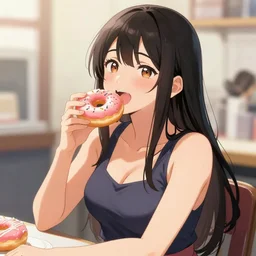 ! dream aoi asahina, a tan skinned athletic japanese girl, eats a donut happily, art by stanley lau, artgerm, rossdraws, ross tran, sakimichan, cyarine, beautiful art