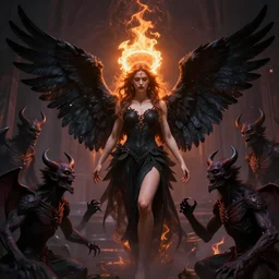 an angel with black wings and a halo of fire, surrounded by demons