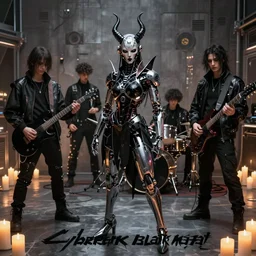 cyberpunk black metal band, guitarists, bassist, drummer, vocalist, all black cyberpunk clothes, robotic prosthetic limbs, dermal implants, cyborg satan, futuristic, realistic, promo photograph, epk, room full of candles, high quality, highly detailed