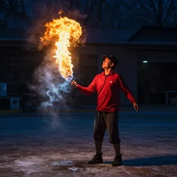 a juggler spit half fire and half ice