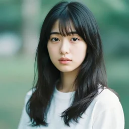 photo of a young japanese woman in the style of martin schoeller