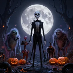 halloween scene with monsters from tim burtonm artstation scifi universe, moon, dark, by peter mohrbacher, unreal engine 5, hyper realism, realistic shading, cinematic composition, blender rendering, octane rendering, hdr, detailed textures, photorealistic, wide shot