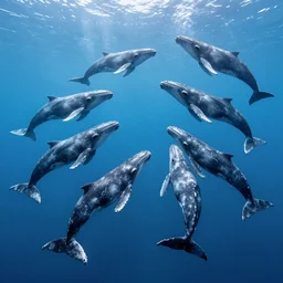 looking up at a pod of twelve whales from beneath them, underwater, pod of whales, silhouette, light rays, serene, glow, photography, humpback whale migration