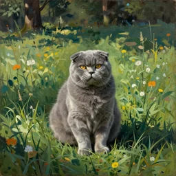fat grey scottish fold sitting in the middle of sunny meadow, by  Max Beckmann