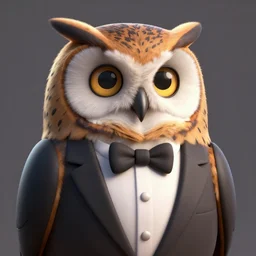 portrait of an owl in a tuxedo, 3d shading, cel-shaded, CGSociety, volumetric lighting, octane render, hyperrealism
