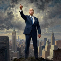 immense, majestic, surreal, terrifying joe biden standing triumphant over the city, perfectly clear face, by j. c. leyendecker, bosch, and beksinski