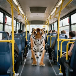 photo of a tiger inside a bus, wide angle, highly - detailed realistic