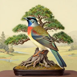 by george barbier, by bob eggleton bonsai, luminism passionate, monumental. a beautiful illustration of a bird in its natural habitat. the bird is shown in great detail, with its colorful plumage & intricate patterns. the background is a simple but detailed landscape, with trees, bushes, & a river.