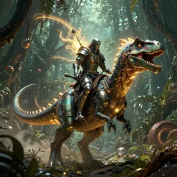 hyper detailed ultra sharp of a metalheads riding dinosaurs in the space jungle, boris vallejo style, lord of the rings, a glowing aura, global illumination, ray tracing, hdr, 8 k