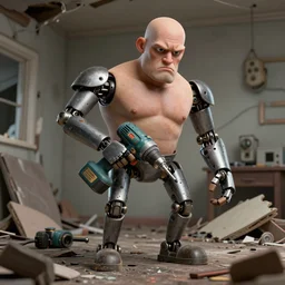 grumpy chunky bald handyman cyborg with powerdrill! forelimbs, in a wrecked home, full body, hyperrealistic digital art masterpiece, highly detailed neo pop surrealism, jason limon kay sage hannah yata, dramatic lighting, low angle, uhd 8 k, sharp focus