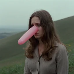 sad woman with an inflatable nose, long snout, in the hillside, 1974 fellini, archival footage, technicolor film