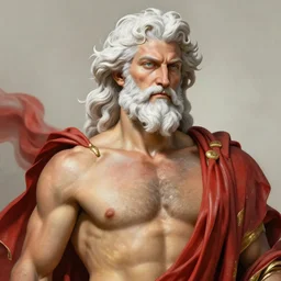 painted portrait of rugged zeus, god of thunder, greek god, white hair, masculine, mature, handsome, upper body, flowing, red and gold, muscular, hairy torso, fantasy, intricate, elegant, highly detailed, digital painting, artstation, concept art, smooth, sharp focus, illustration, art by gaston bussiere and alphonse mucha