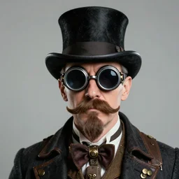 portrait of a middle aged steampunk inventor with handlebar mustache, wearing goggles and a top hat, studio lighting, 8 5 mm lens
