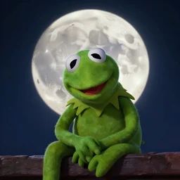 kermit sad, full moon at night, photograph