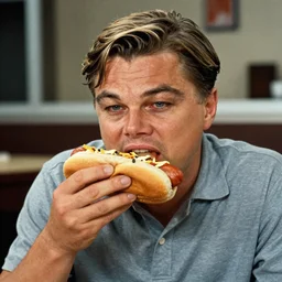 Leonardo DiCaprio with a blonde bangs eating a hot dog. Old footage, 1960's