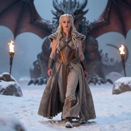 winter scene, portrait of muscled Emilia Clarke as Daenerys Targaryen walking through deep snow wearing warm wooly clothing, fantasy, fireflies, torch light, dragons in background, intricate, elegant, highly detailed, centered, smooth, sharp focus, Donato Giancola, Joseph Christian Leyendecker, WLOP, Boris Vallejo, Artgerm
