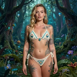 margot robbie portrait with a tattooed body posing in a magical crochet bikini in a magical forest, beautiful eyes, realistic face, full body, fantasy art, in the style of greg rutkowski, illustration, epic, fantasy, intricate, hyper detailed, artstation, concept art, smooth, sharp focus, ray tracing, vibrant