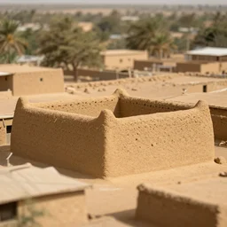 High-quality tilt-shift photography of an old West African house made of mud bricks, Timbuktu, National Geographic