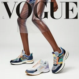 fashion photoshoot, vogue cover photo of a dark skinned slender model standing with extremely stylish sneakers an clothing, see - through transparent clothing, vinyl material, colorful details, seen from below, dynamic posing, 4 k, concept art,