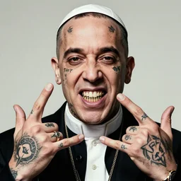 the pope as a gangster rapper face tattoos gang member gangster rapper album artwork rap music rap culture hyperrealism gang signs with hands portrait lifelike grills in mouth