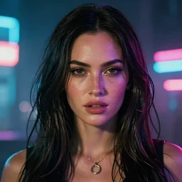 Megan Fox portrait, ultra photorealistic, Cyberpunk 2077, neon, octane, bokeh, 8k