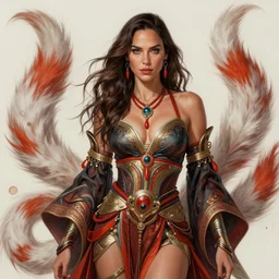 hyper - realistic, gorgeous!!! woman resembling gal gadot as a powerful, kitsune, sorceress | intricate, highly detailed, ultra graphics, digital painting, character design, concept art, artstation | drawn by wlop, drawn by jeehyung lee, drawn by artgerm