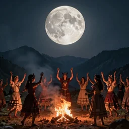 a very high resolution historical image. a giant full moon in the mountains while young women dance in ecstasy in the firelight as the satanic ritual begins, 2 4 mm, photorealistic, photography, night directed by wes anderson