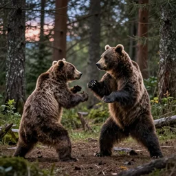 kodiak bears kung - fu fighting in a forest clearing, twilight,
